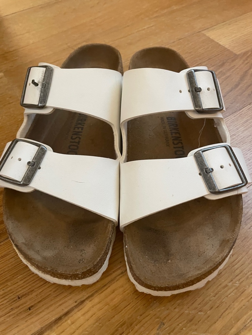 Birkenstock White Double-Strap Sandals with Silver Buckles 8 EUC